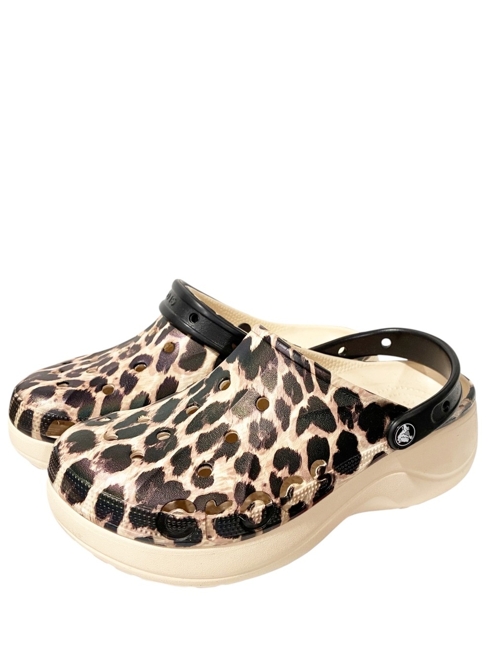 Crocs Baya Classic Womens Beige Brown Cheetah Platform Clog Shoes Size 10